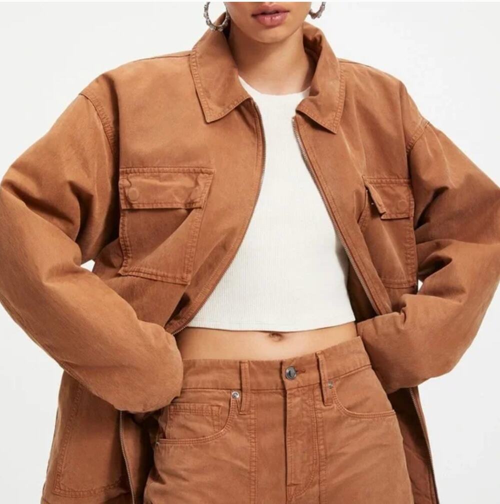 Good American Chore Dropped Shoulder Utility Jacket in Camel Brown Size 1X NWT